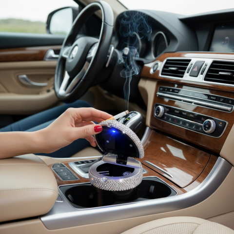 Λαμπρό μίνι τασάκι αυτοκινήτου - Κομψό σχέδιο & κλείσιμο με προστασία από τον καπνό